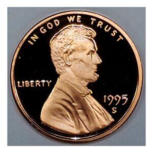 1995-S 1¢ "PROOF" LINCOLN MEMORIAL CENT COIN, SHINY PENNY, DETAIL